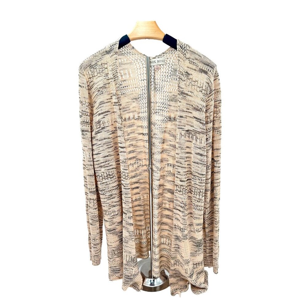 Knox Rose open knit cardigan duster, tan‎ gray boho longline layering piece Sz L